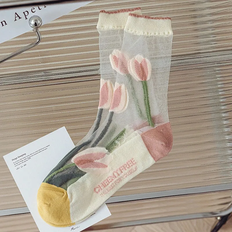 3 Pairs Tulip Pattern Women's Crystal Socks