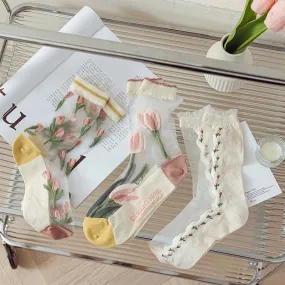 3 Pairs Tulip Pattern Women's Crystal Socks