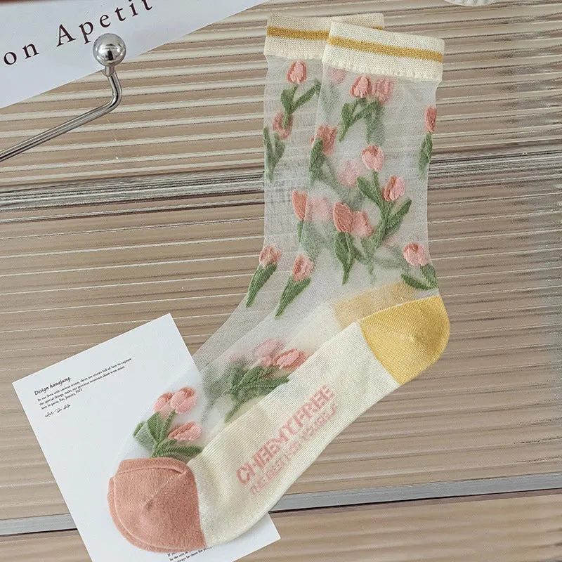 3 Pairs Tulip Pattern Women's Crystal Socks