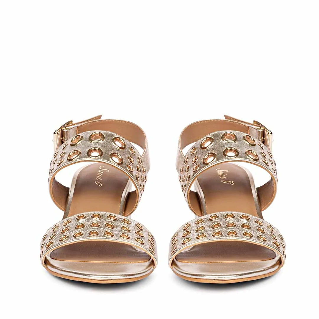Albina Eyelet Embellished Platin Leather Block Heels