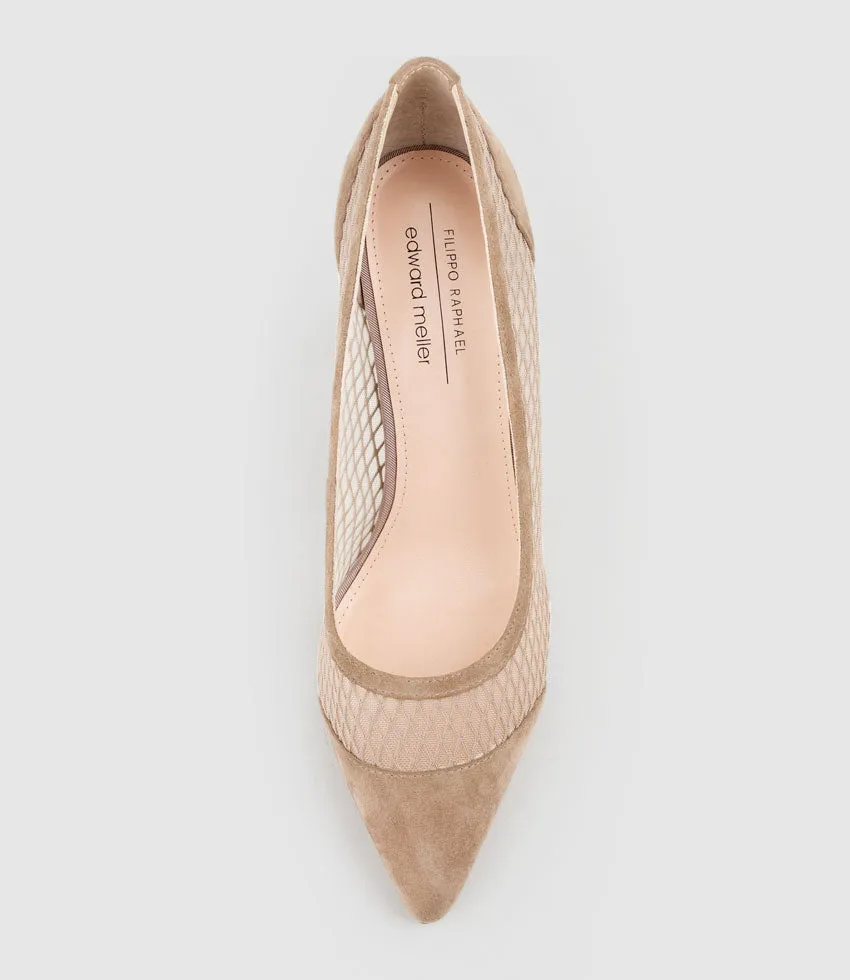 AMALIA100 Pointed Mesh Pump in Nude Suede
