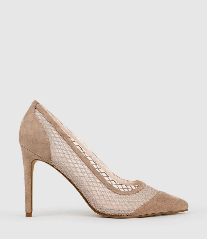 AMALIA100 Pointed Mesh Pump in Nude Suede