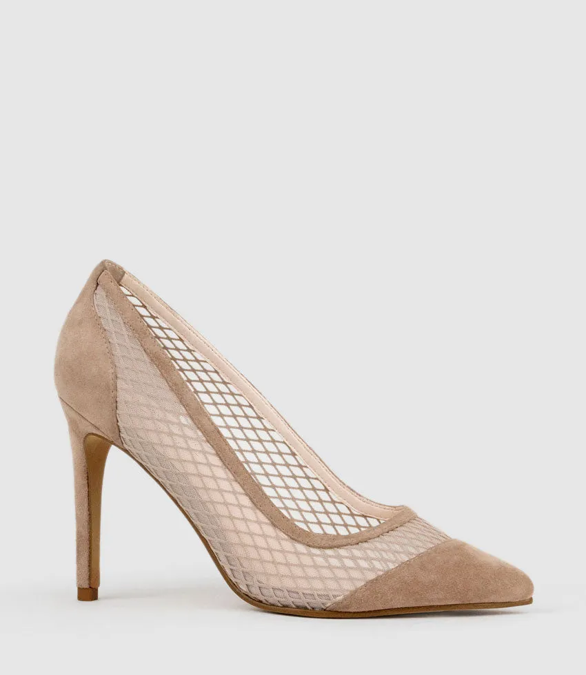AMALIA100 Pointed Mesh Pump in Nude Suede