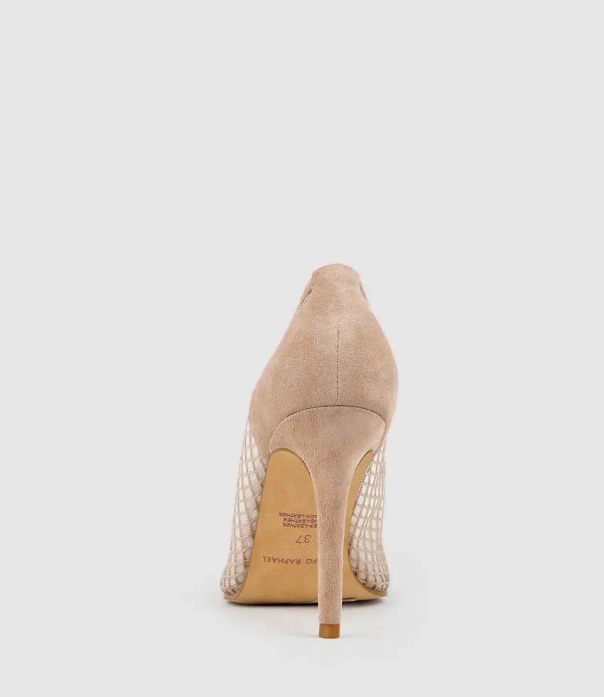 AMALIA100 Pointed Mesh Pump in Nude Suede