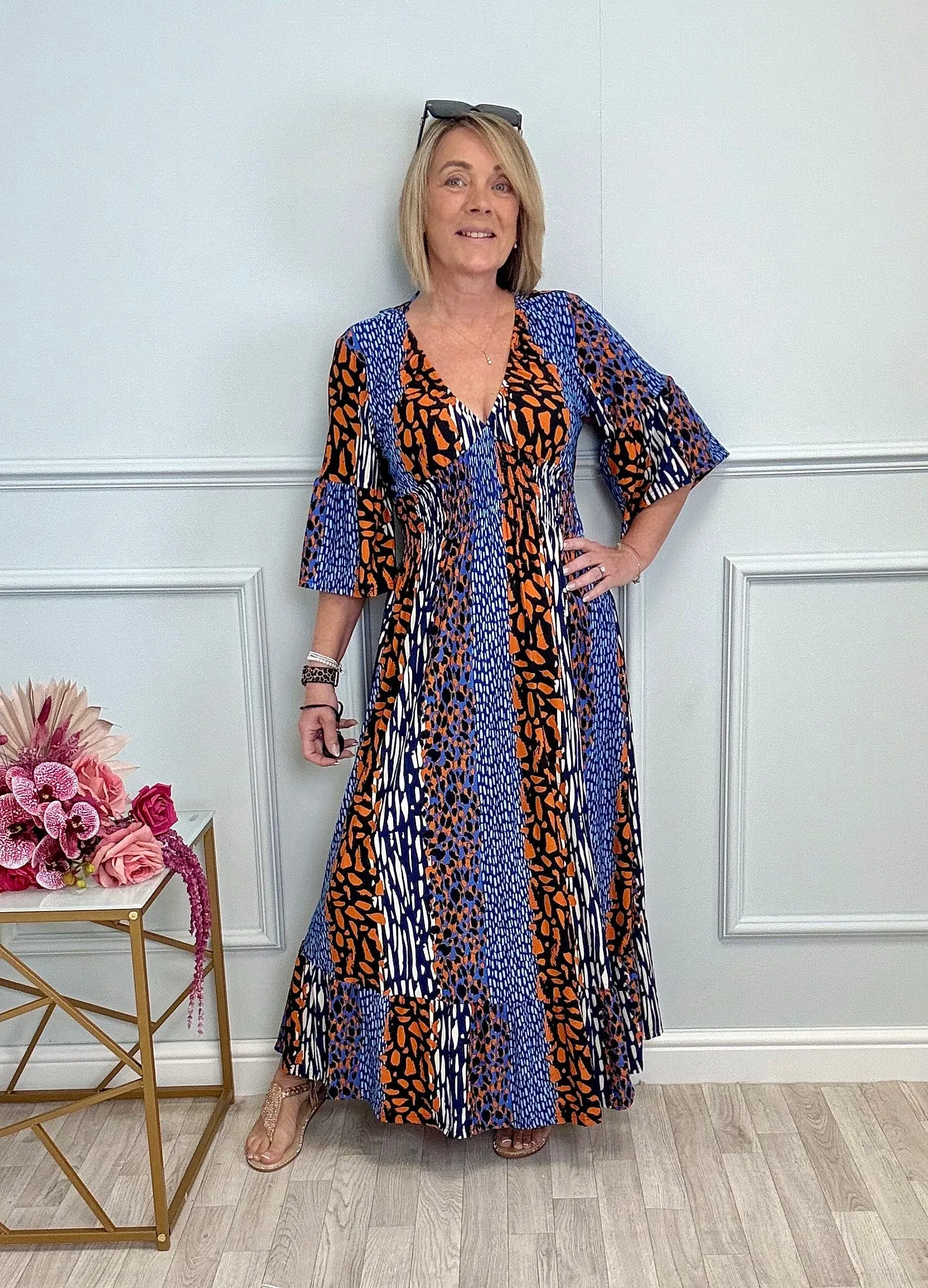 Azalea Mixed Animal V-Neck Shirred Waist Midi Dress - Flowy & Elegant Design (Sizes 8-20) Orange