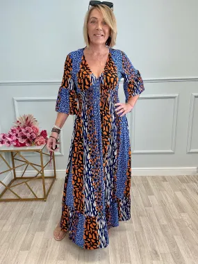 Azalea Mixed Animal V-Neck Shirred Waist Midi Dress - Flowy & Elegant Design (Sizes 8-20) Orange