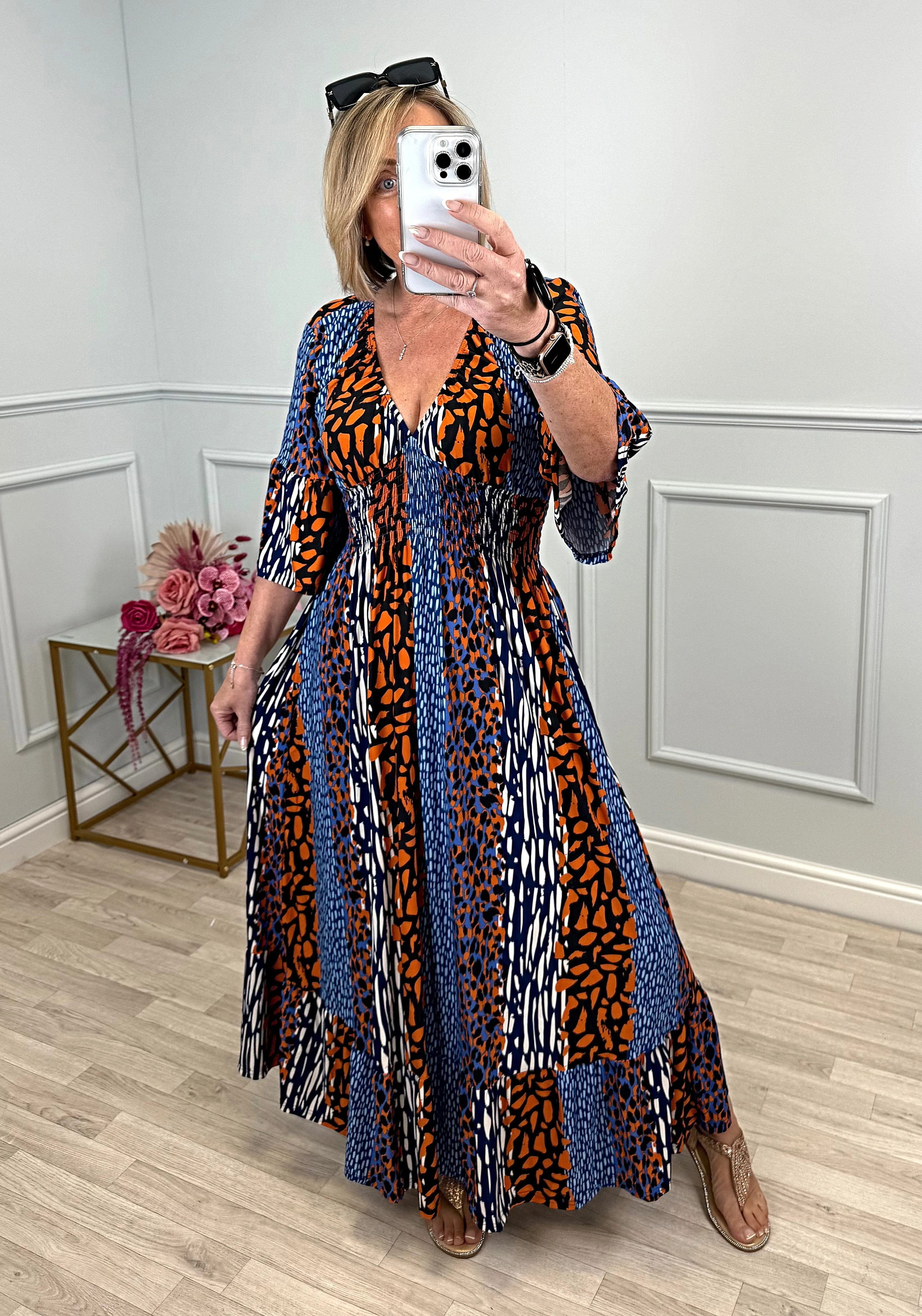 Azalea Mixed Animal V-Neck Shirred Waist Midi Dress - Flowy & Elegant Design (Sizes 8-20) Orange
