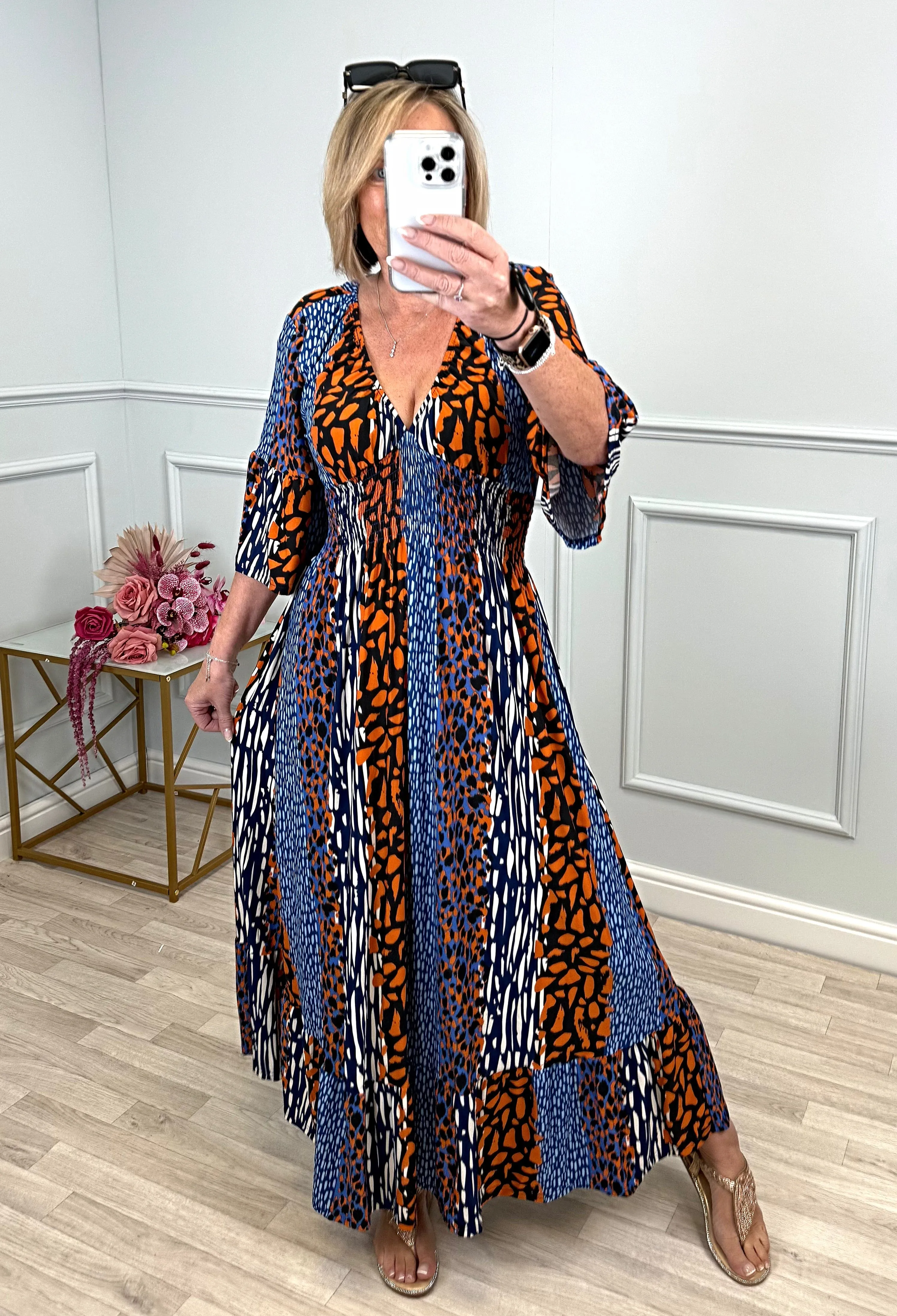 Azalea Mixed Animal V-Neck Shirred Waist Midi Dress - Flowy & Elegant Design (Sizes 8-20) Orange