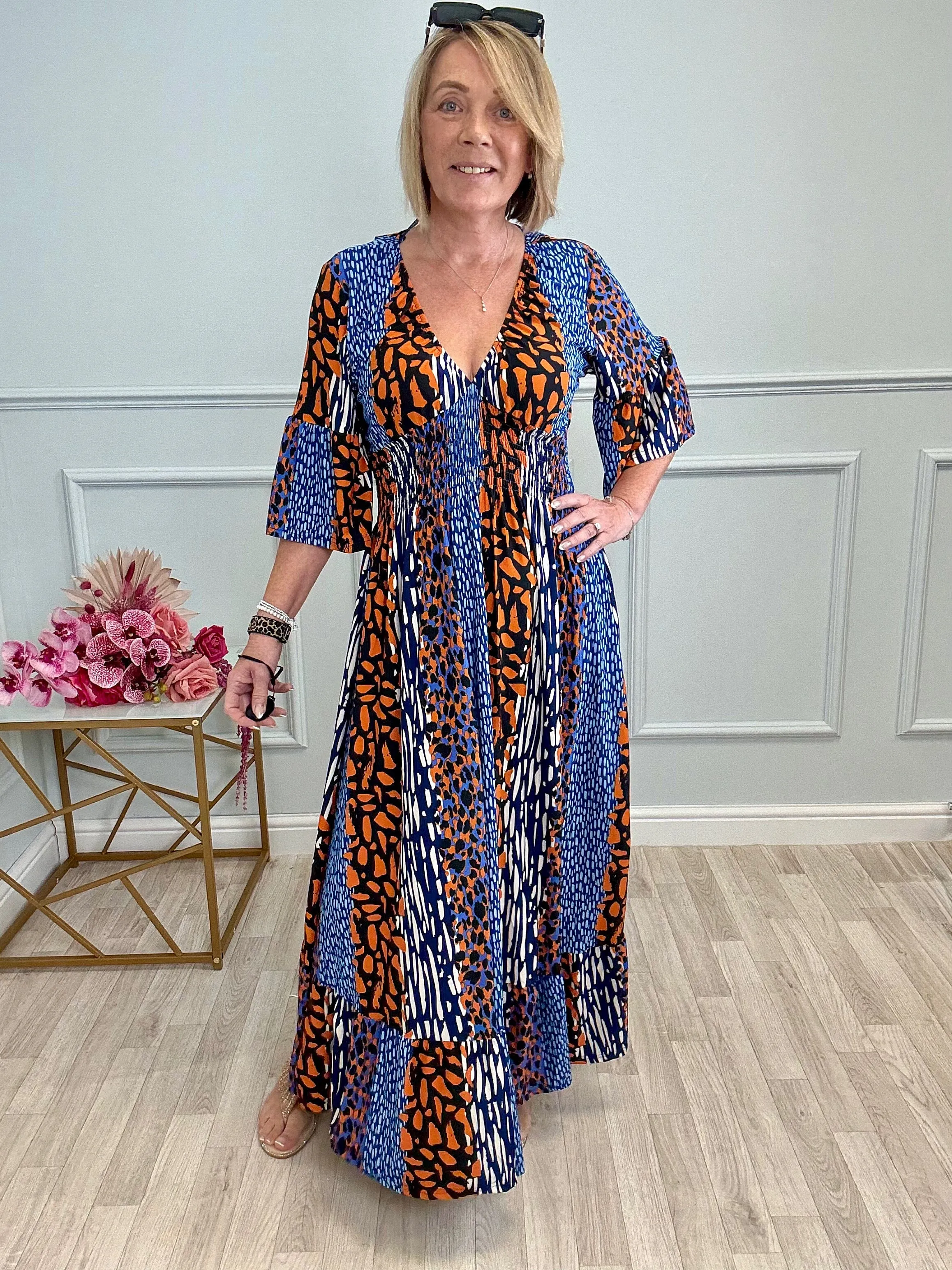 Azalea Mixed Animal V-Neck Shirred Waist Midi Dress - Flowy & Elegant Design (Sizes 8-20) Orange
