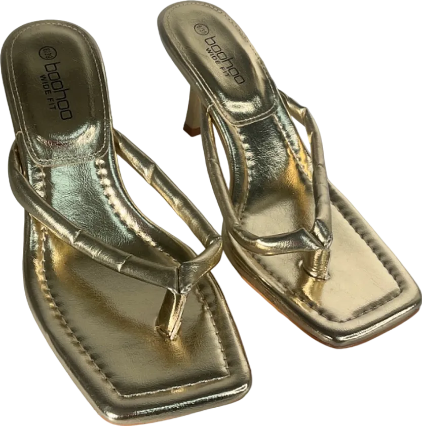 Boohoo Gold Wide Fit Heeled Thong Sandals UK 6