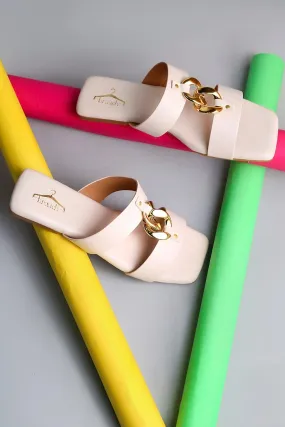 Brauch Women Cream Dual Strap Embellished Buckle Flats