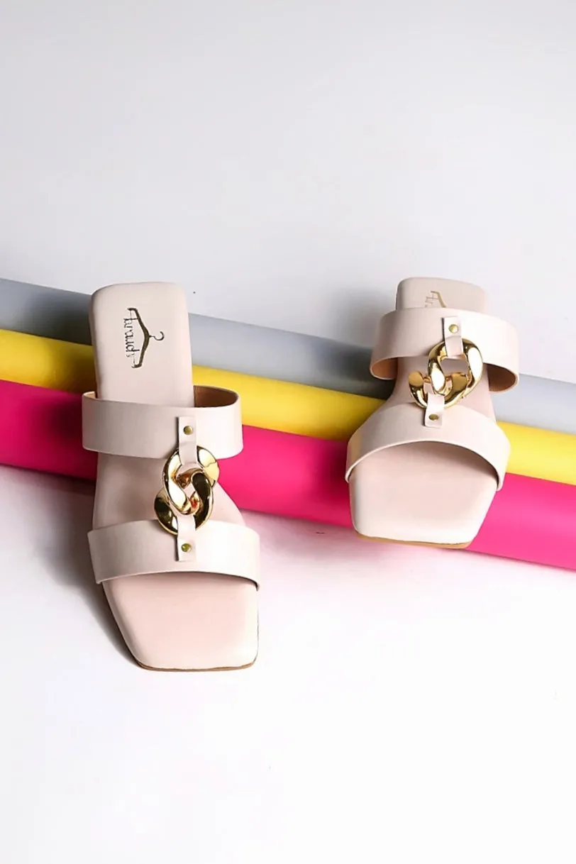 Brauch Women Cream Dual Strap Embellished Buckle Flats