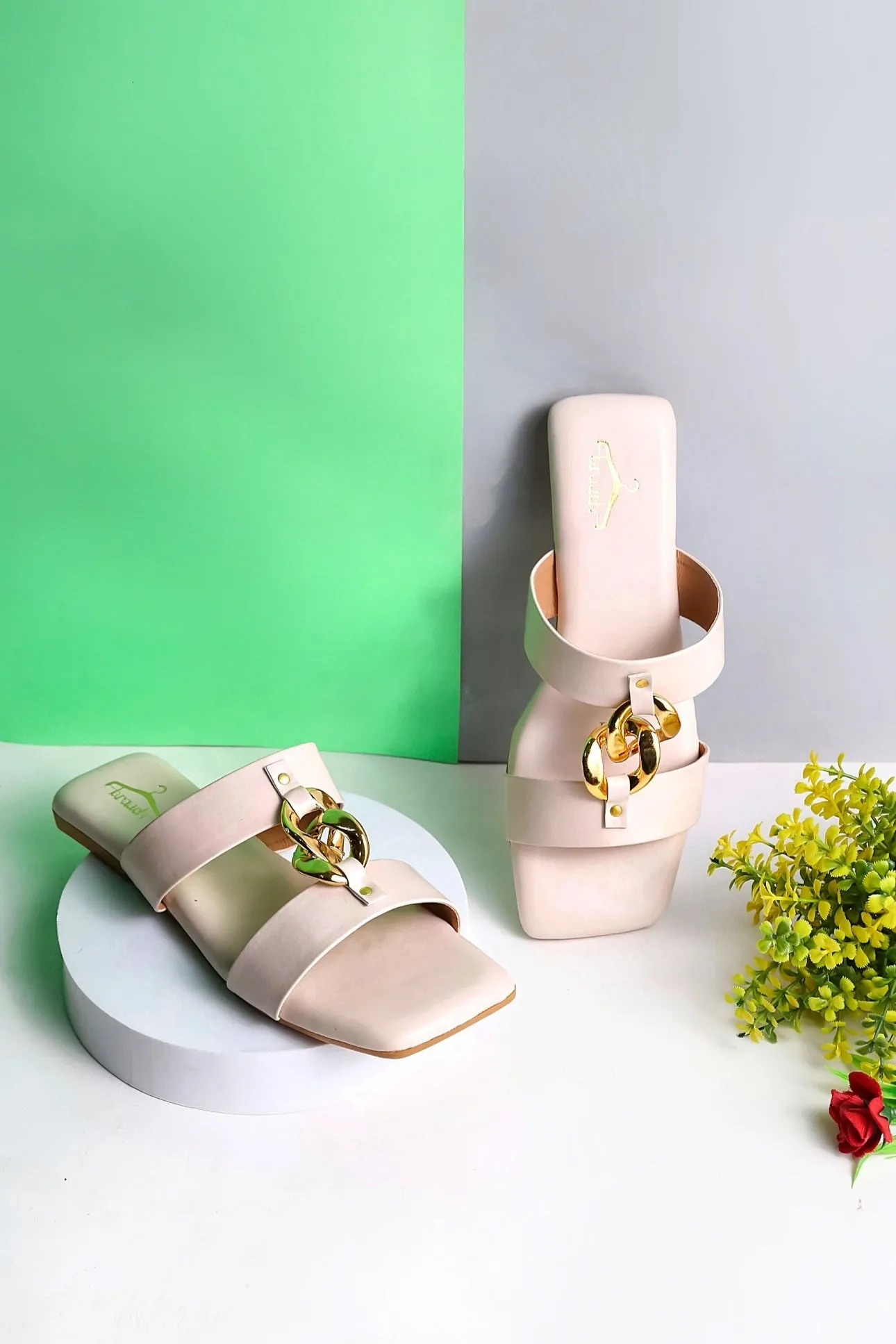 Brauch Women Cream Dual Strap Embellished Buckle Flats
