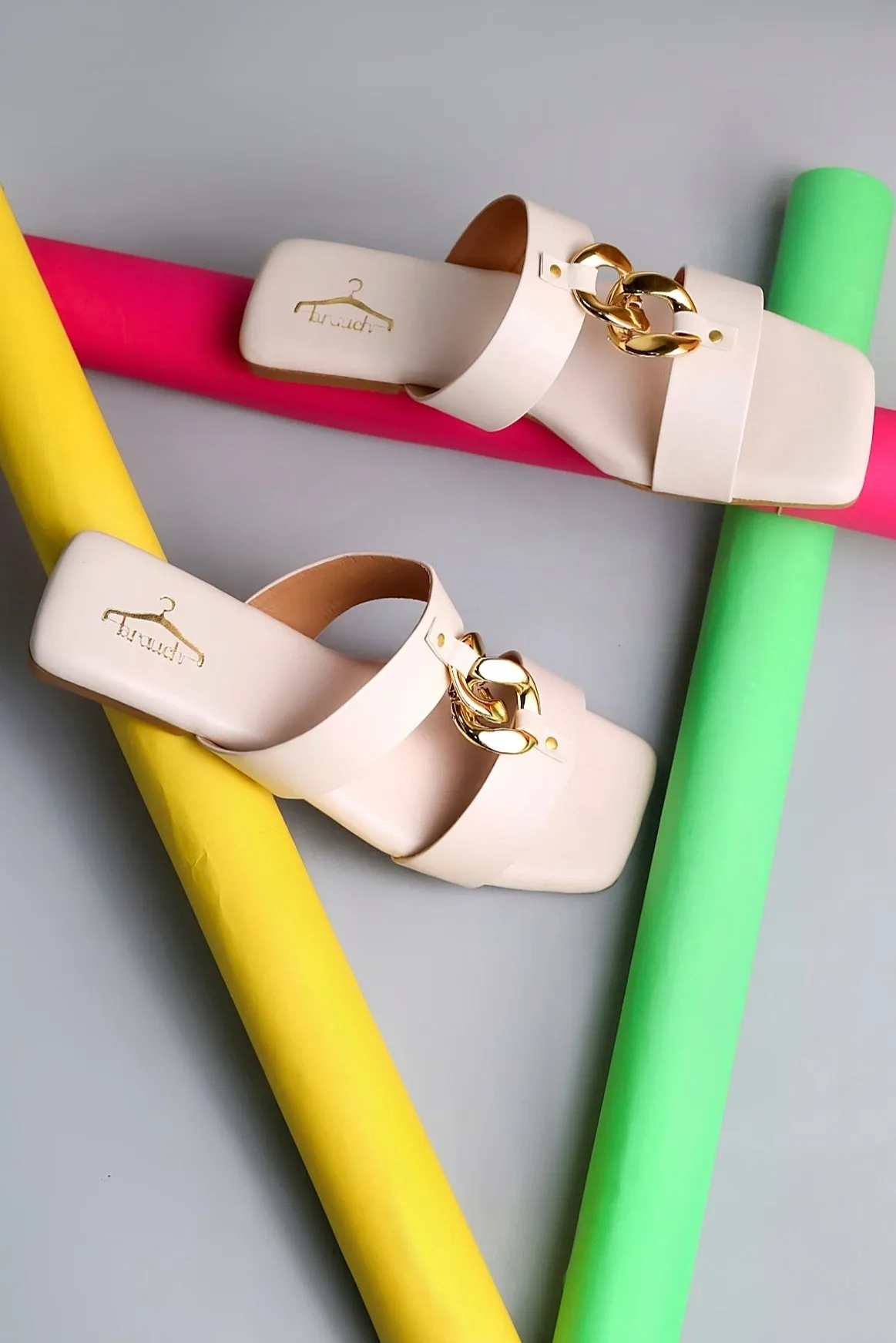 Brauch Women Cream Dual Strap Embellished Buckle Flats
