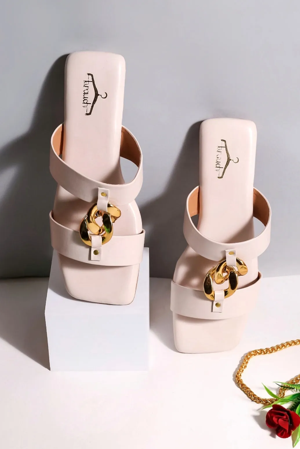 Brauch Women Cream Dual Strap Embellished Buckle Flats