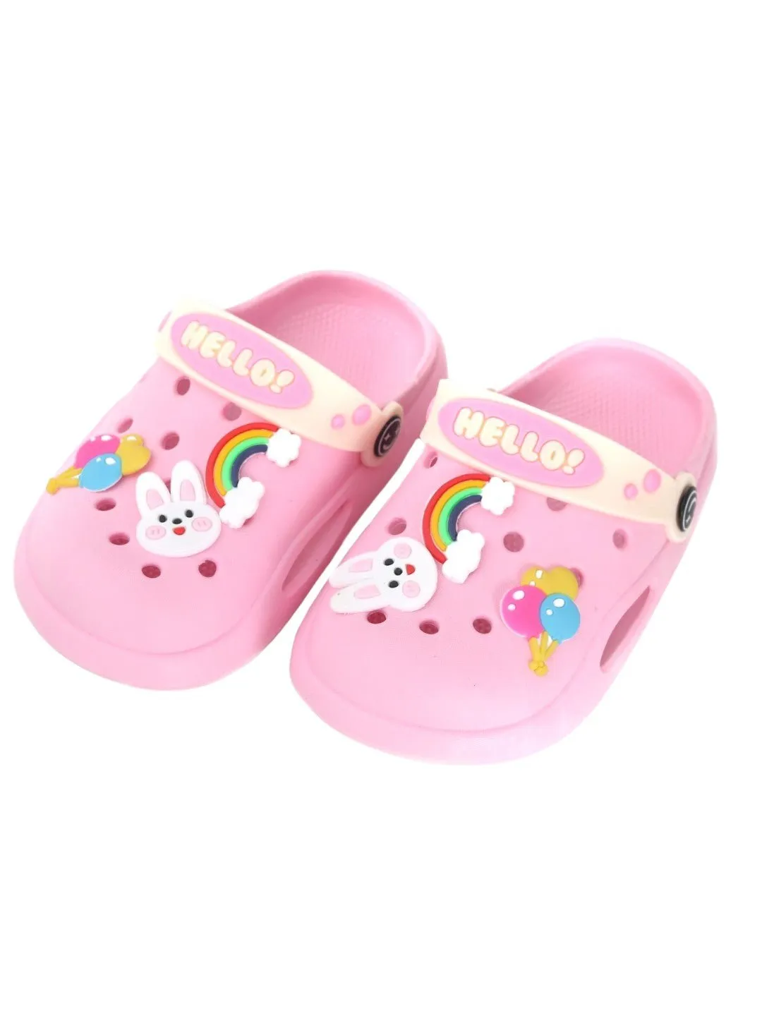 Bunny & Rainbow-Themed Clogs with "Hello" Strap for Girls - Pink