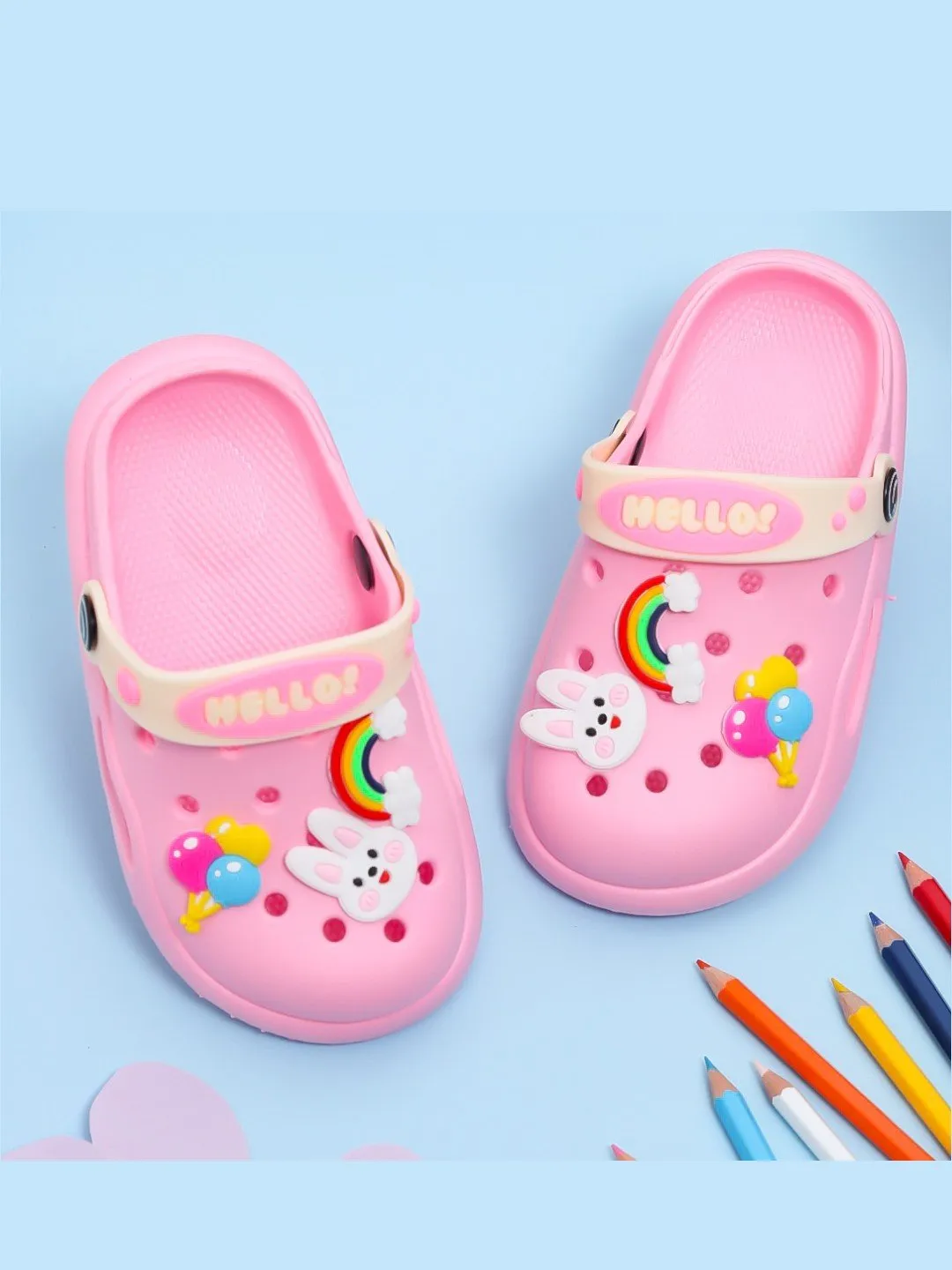 Bunny & Rainbow-Themed Clogs with "Hello" Strap for Girls - Pink