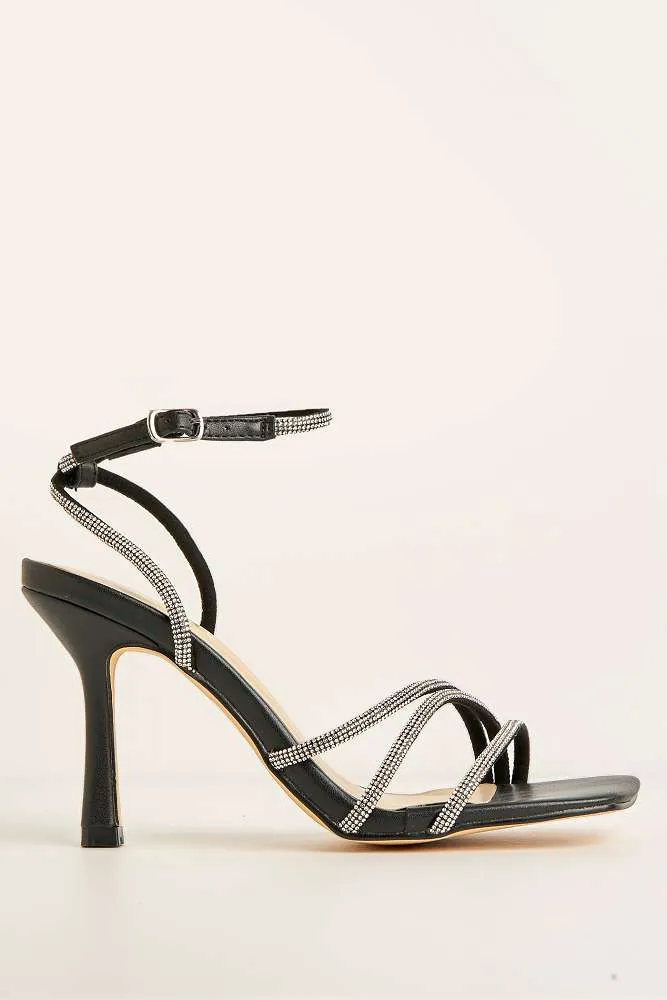 Camina Diamante Embellished 3 Strap Heeled Sandals in Black