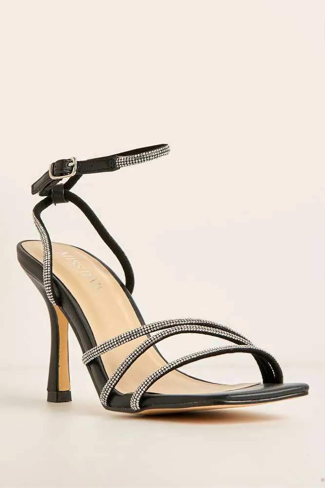 Camina Diamante Embellished 3 Strap Heeled Sandals in Black