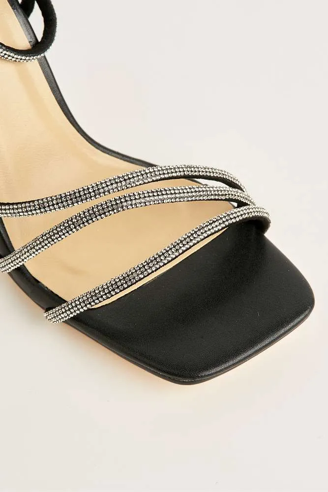 Camina Diamante Embellished 3 Strap Heeled Sandals in Black