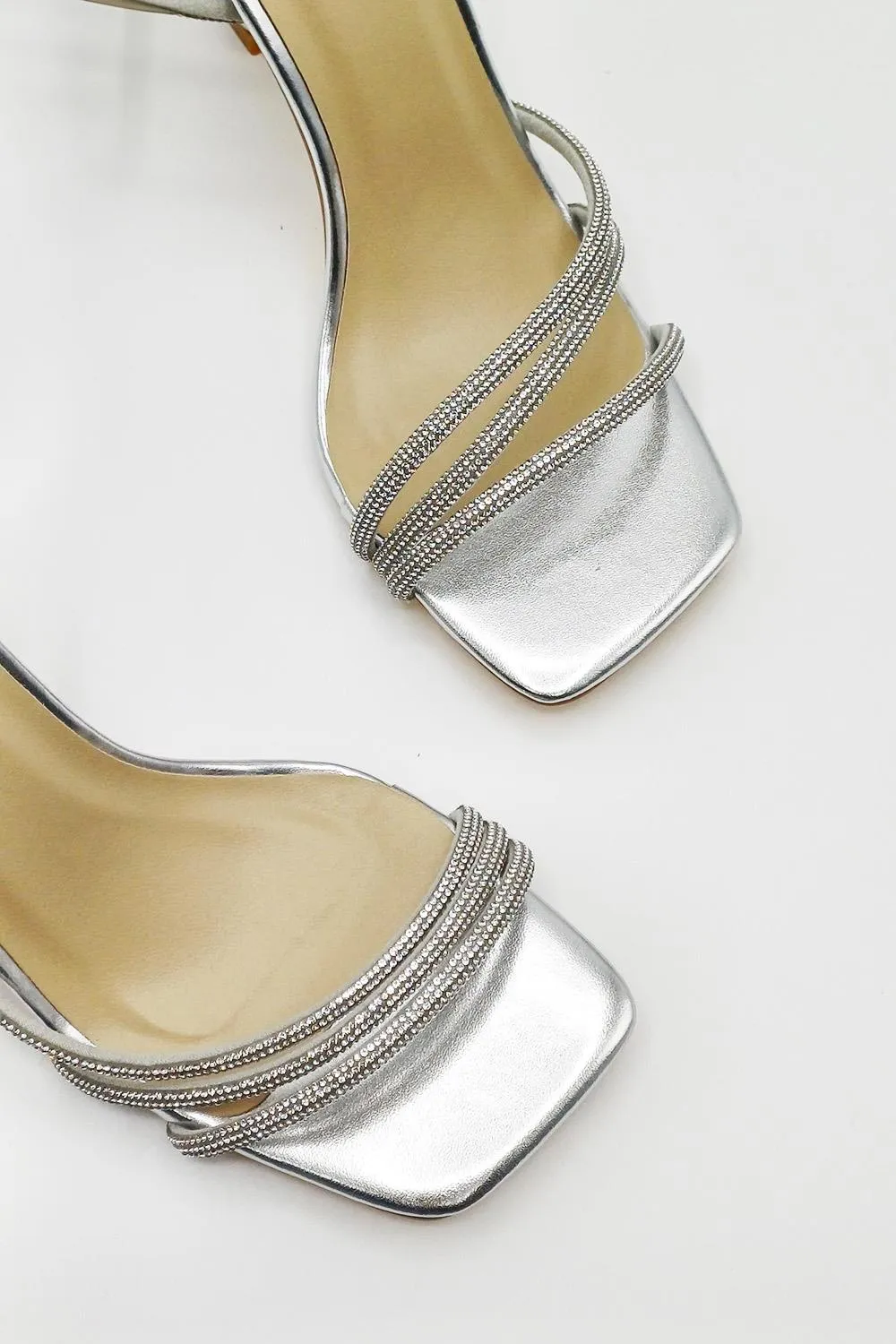 Camina Diamante Embellished 3 Strap Heeled Sandals in Silver