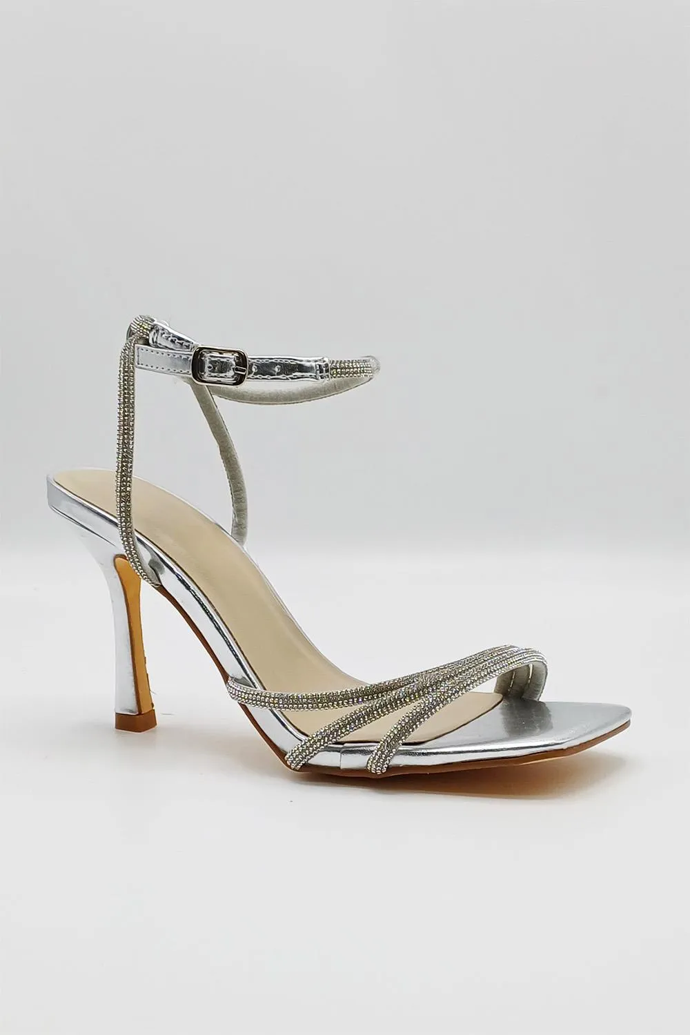 Camina Diamante Embellished 3 Strap Heeled Sandals in Silver