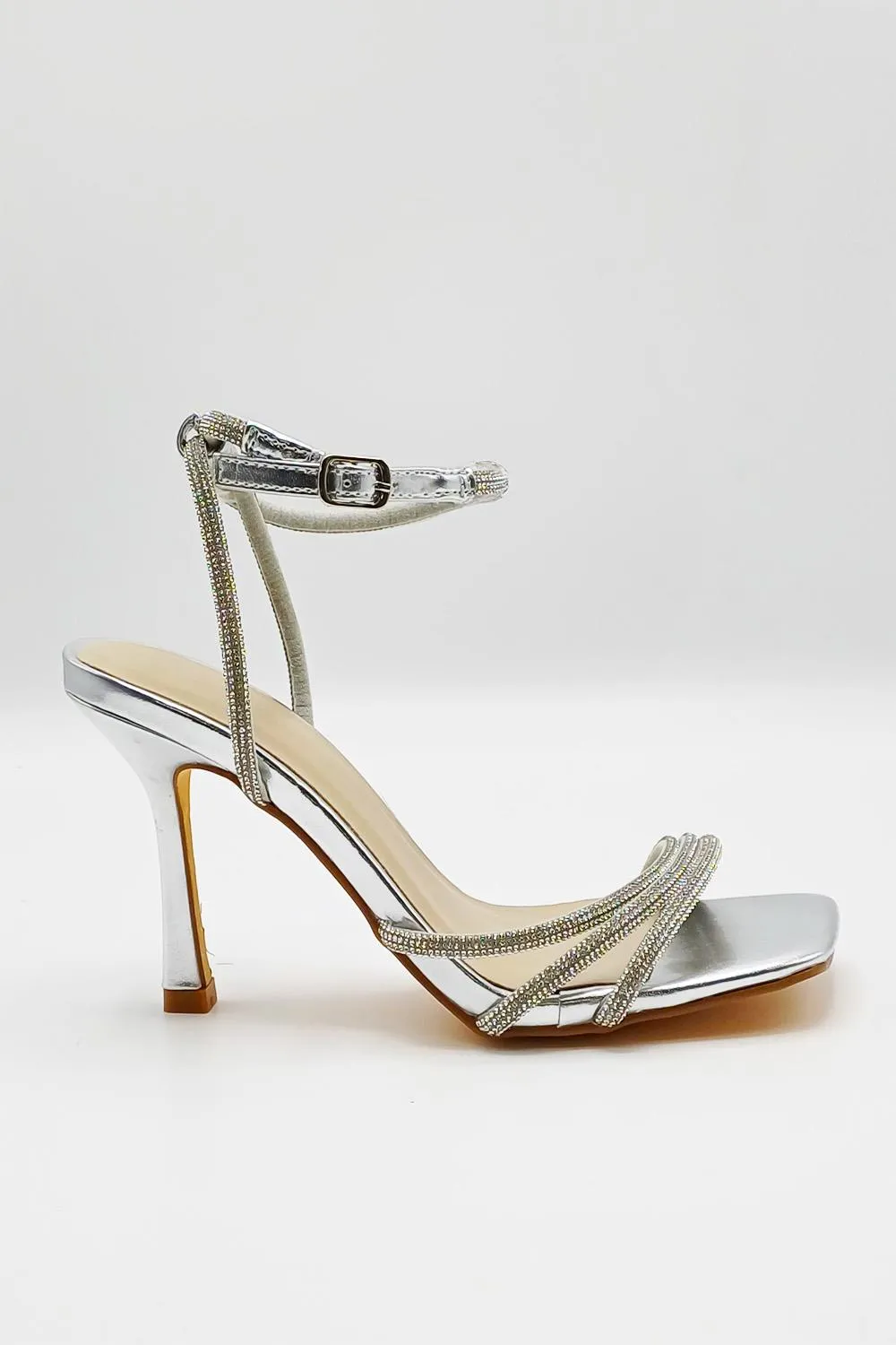 Camina Diamante Embellished 3 Strap Heeled Sandals in Silver
