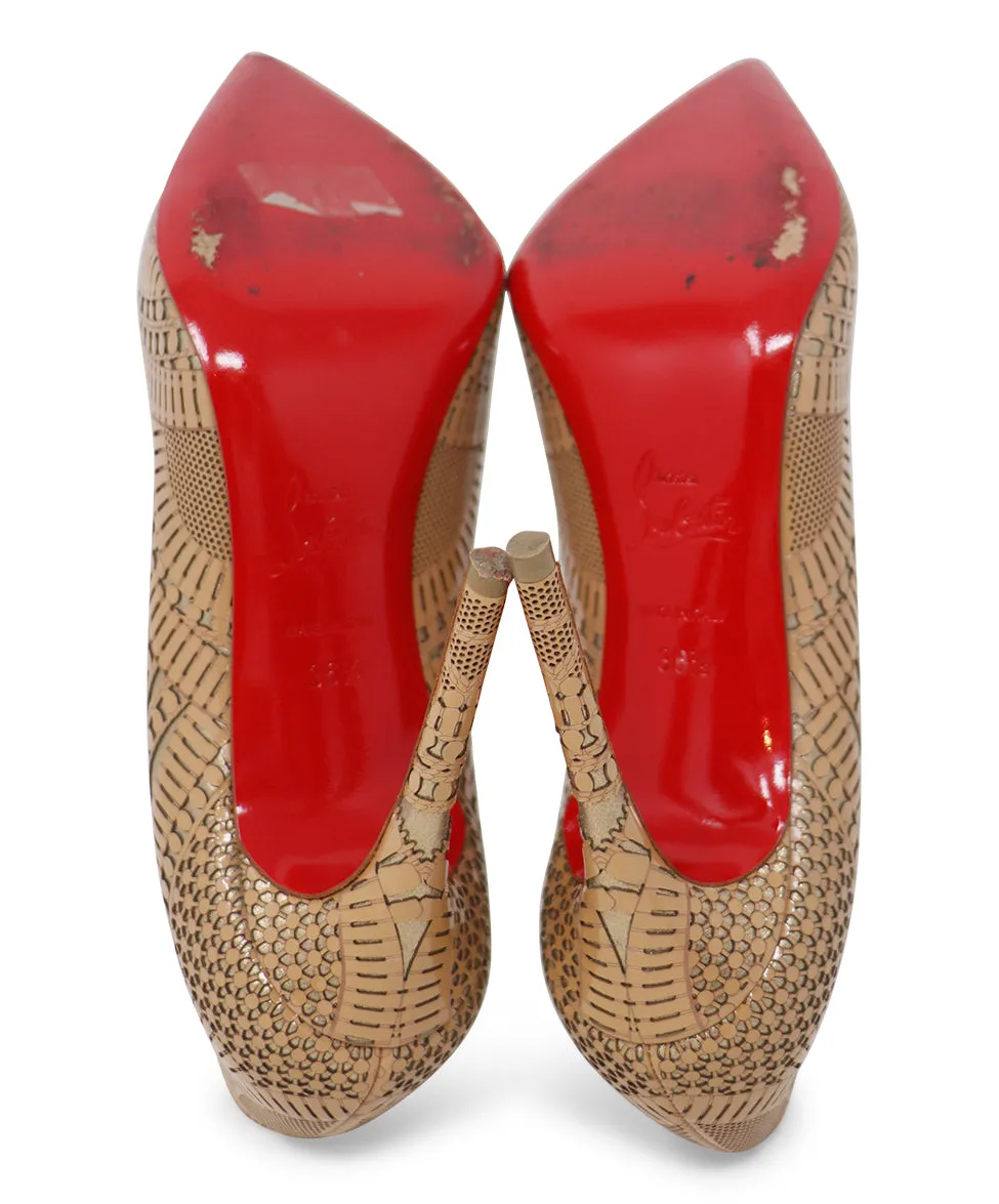 Christian Louboutin Tan & Gold Cutwork Heels sz 6.5