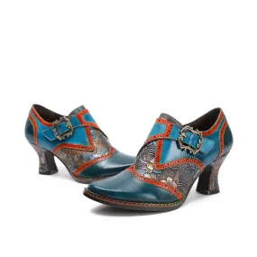CrazycatZ Leather Pumps,Womens Colorful Vintage Block Heel Oxford Vintage Shoes Pumps Multi