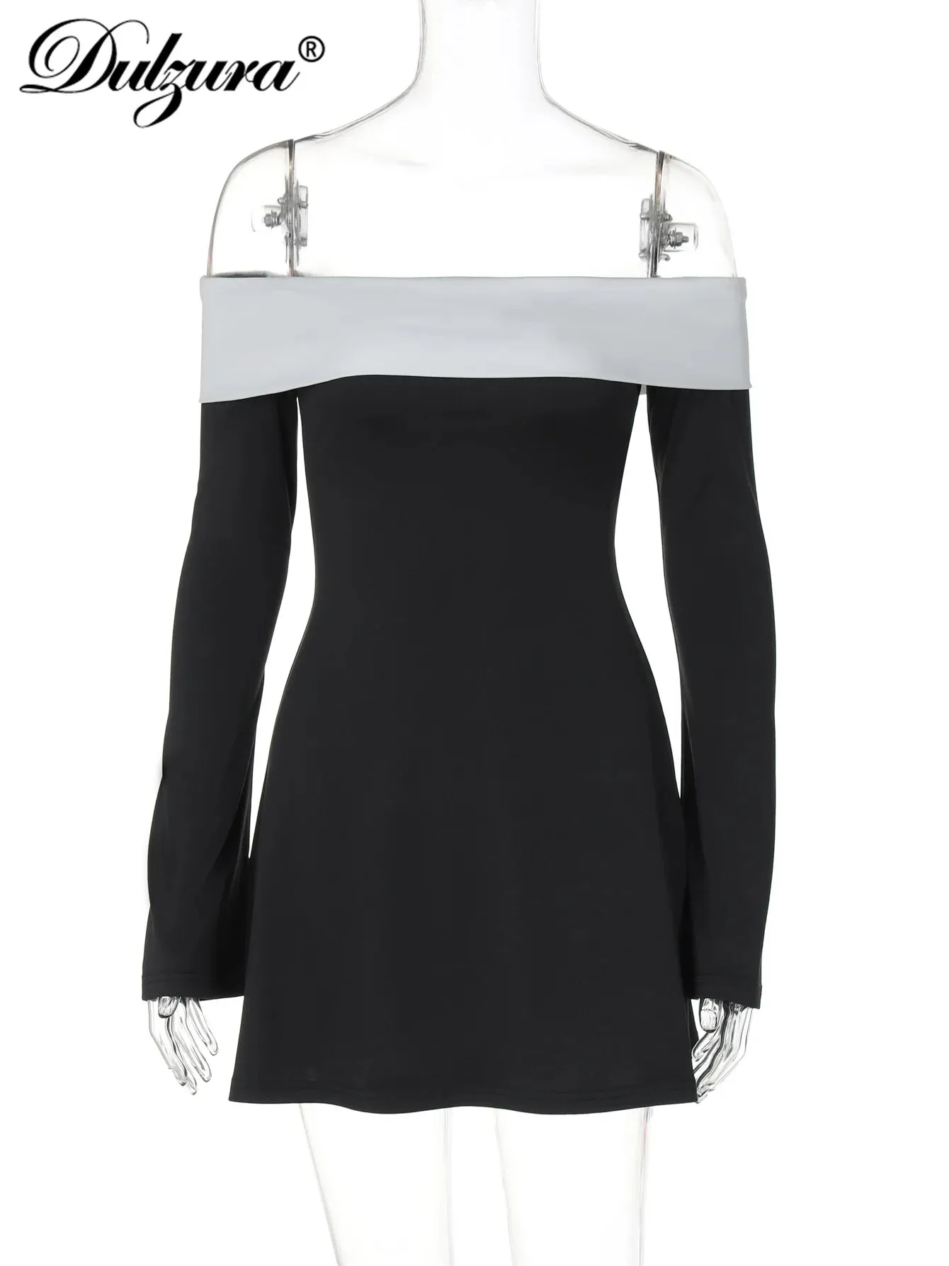 Dulzura Off Shoulder Long Sleeves Slim Mini Dress for Women Elegant Party Clubwear Spring Outfit