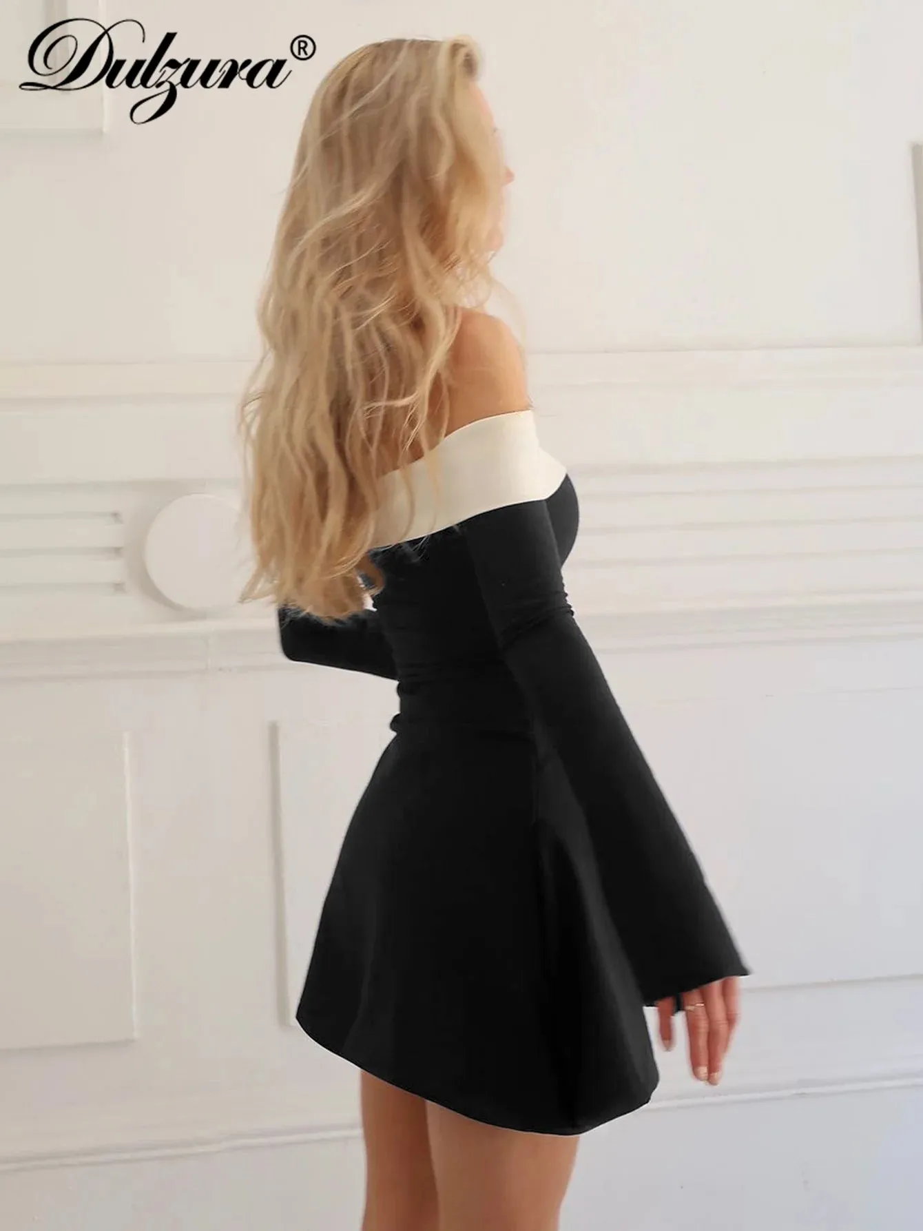 Dulzura Off Shoulder Long Sleeves Slim Mini Dress for Women Elegant Party Clubwear Spring Outfit