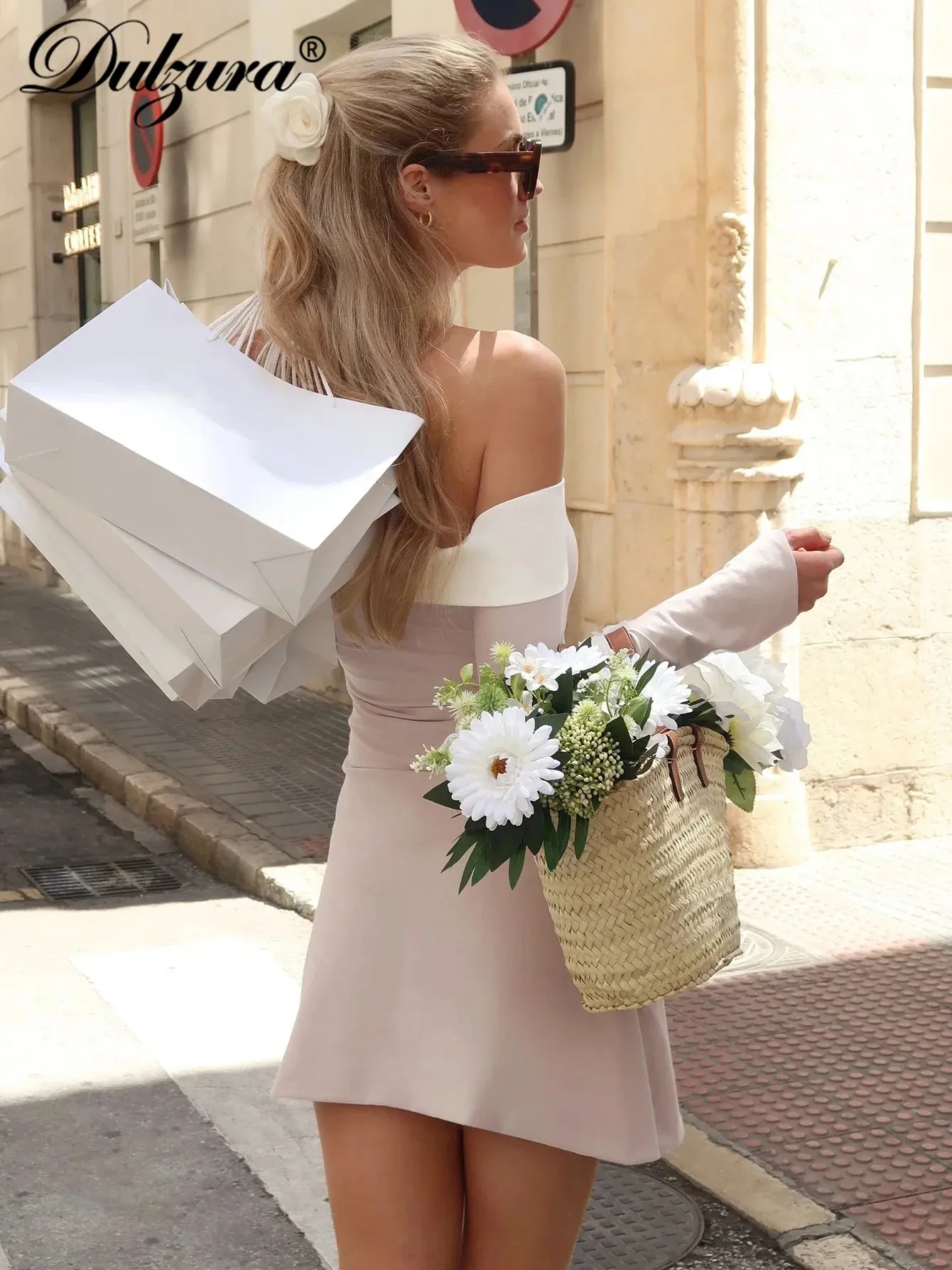 Dulzura Off Shoulder Long Sleeves Slim Mini Dress for Women Elegant Party Clubwear Spring Outfit