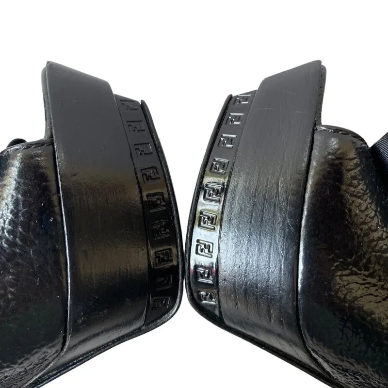 FENDI Black Leather Bow-Accented Peep Toe Slingback Logo Platform Pumps, Size 39