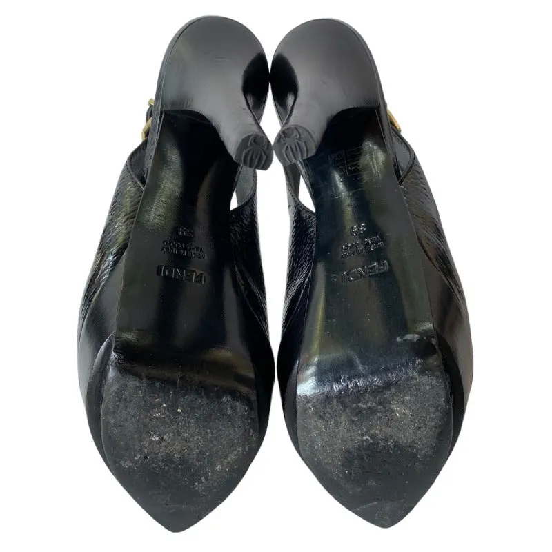 FENDI Black Leather Bow-Accented Peep Toe Slingback Logo Platform Pumps, Size 39
