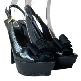 FENDI Black Leather Bow-Accented Peep Toe Slingback Logo Platform Pumps, Size 39