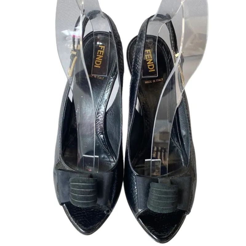 FENDI Black Leather Bow-Accented Peep Toe Slingback Logo Platform Pumps, Size 39