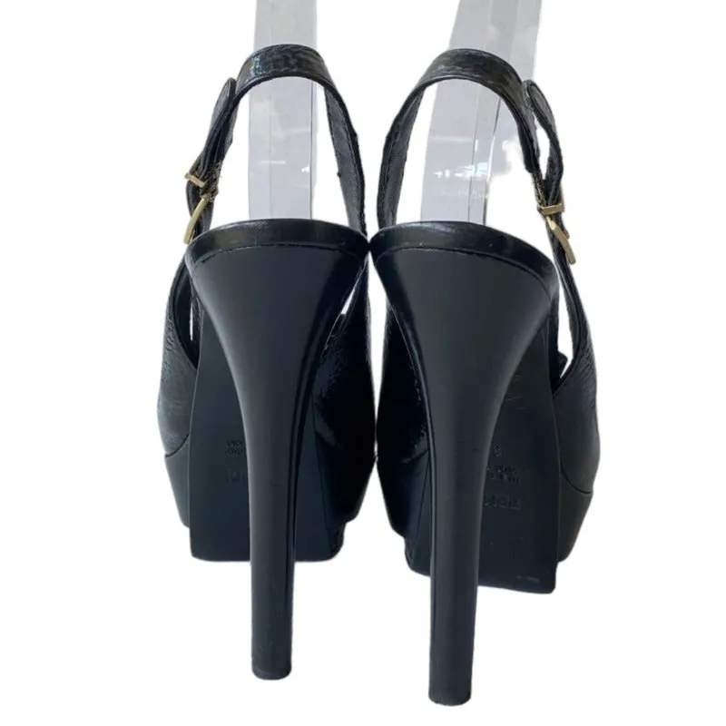 FENDI Black Leather Bow-Accented Peep Toe Slingback Logo Platform Pumps, Size 39