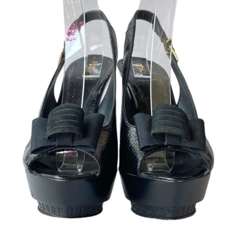 FENDI Black Leather Bow-Accented Peep Toe Slingback Logo Platform Pumps, Size 39