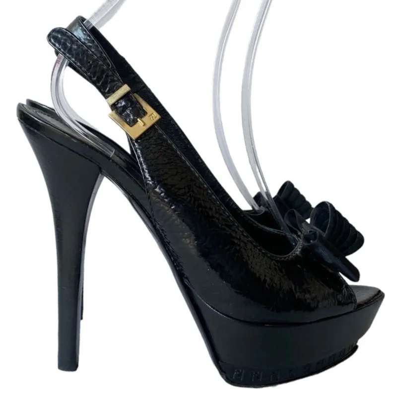 FENDI Black Leather Bow-Accented Peep Toe Slingback Logo Platform Pumps, Size 39