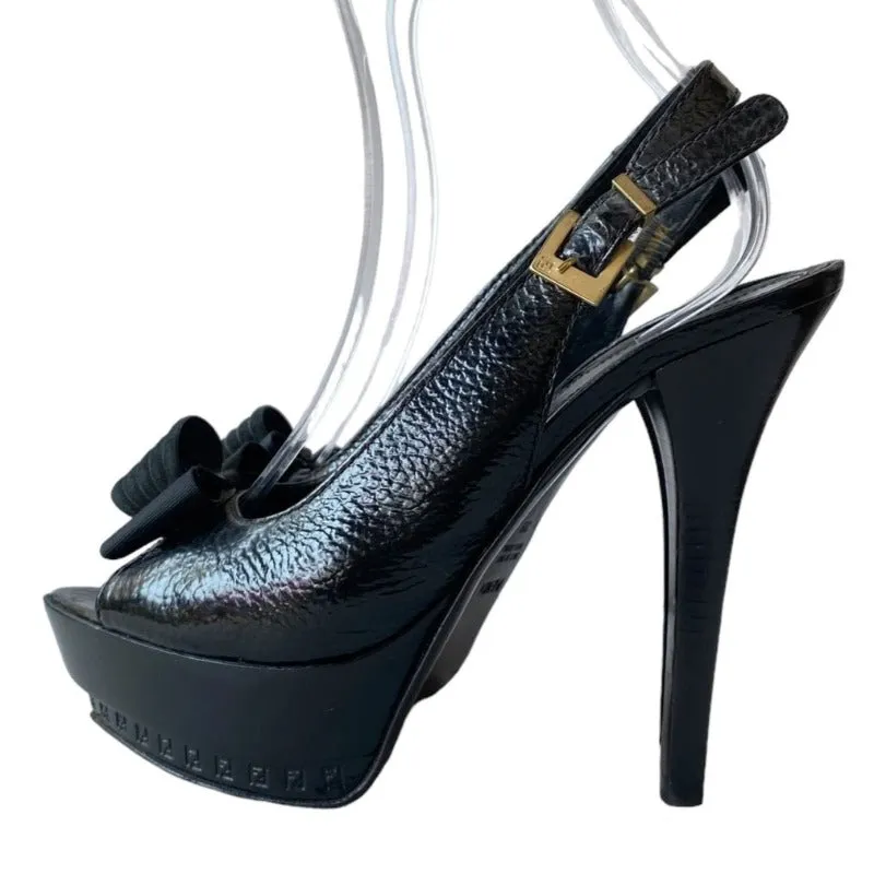 FENDI Black Leather Bow-Accented Peep Toe Slingback Logo Platform Pumps, Size 39