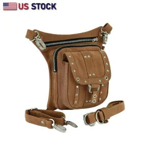 HL80197TAN LEATHER Thigh Drop Leg Bag Gun Holster Bag Waist Bag Fanny Pack Messenger Bag