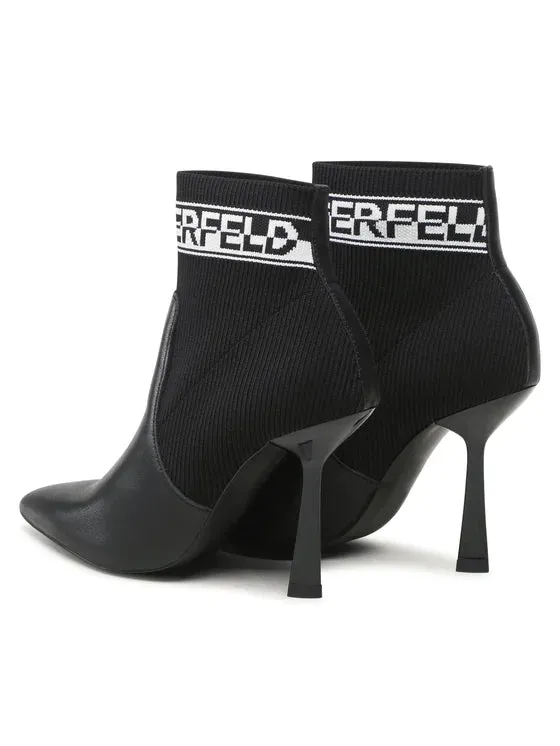 KARL LAGERFELD PANDARA SPEKULUM LOGO ANKLE HEELS IN BLACK
