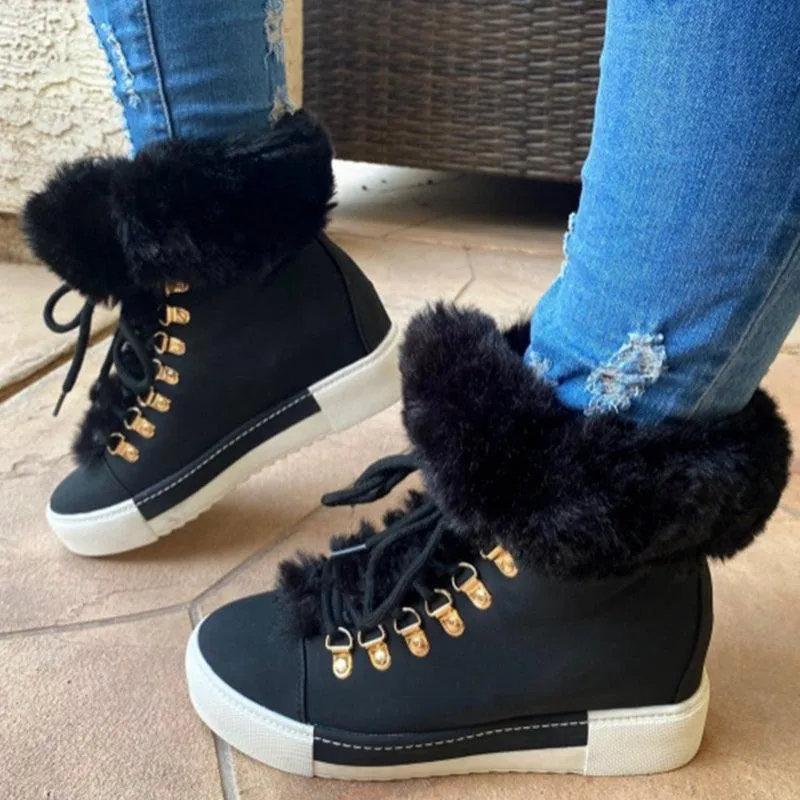 Lace-up Boots Cute Thick Sole Heighten Non Slip Snow Shoes Fall Winter Keep Warm Plush Lined Furry Ankle Boots Outdoor Walking Flat Shoes