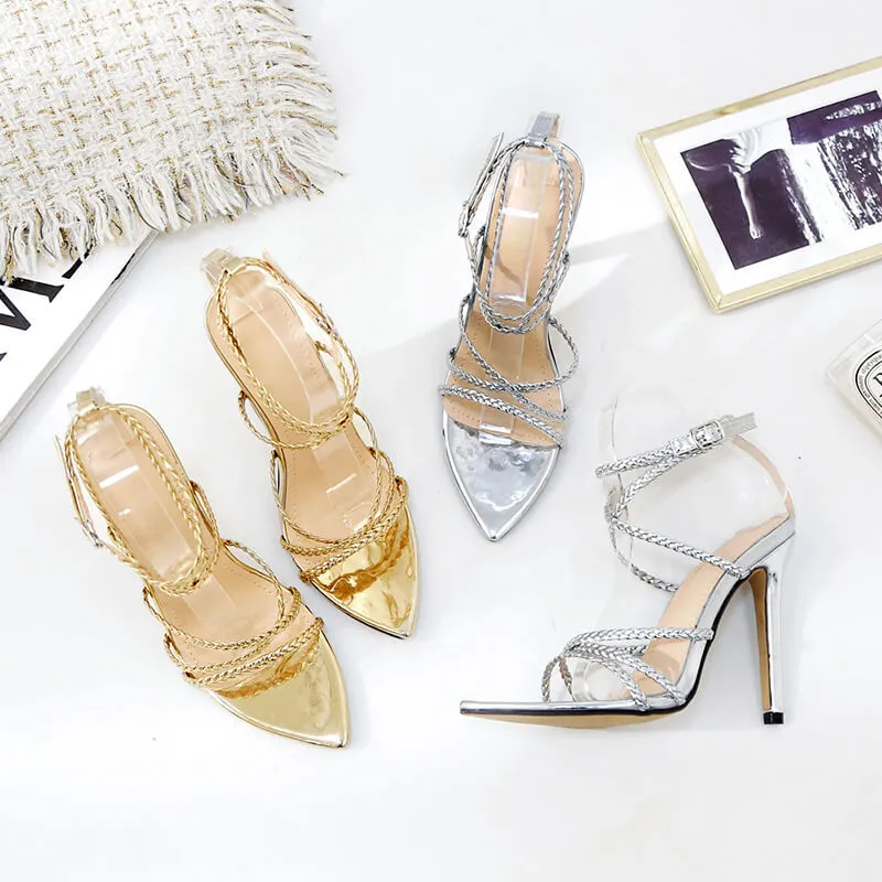 Leather High Heel Cutout Buckle Sandals