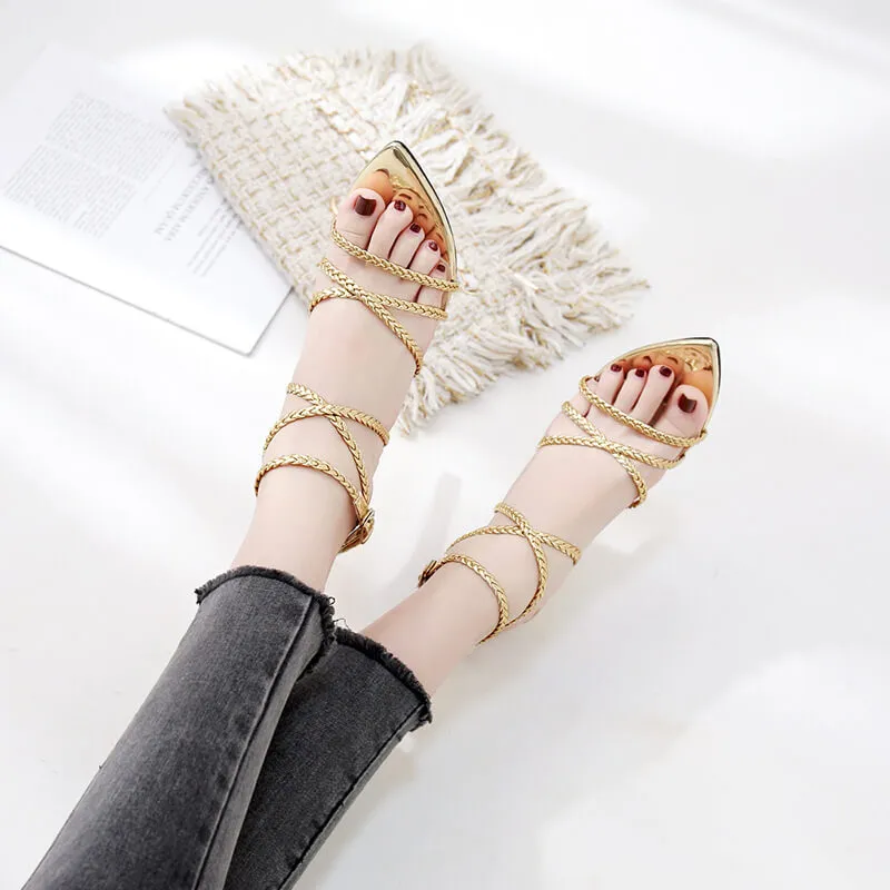 Leather High Heel Cutout Buckle Sandals