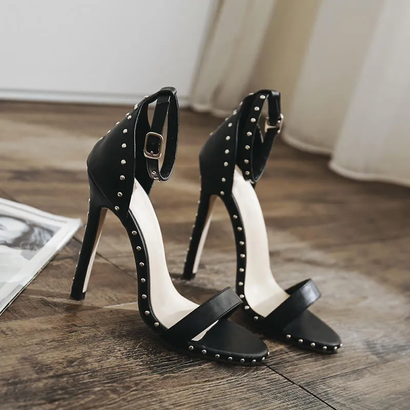 Leather Rivet Buckle High Heel Sandals