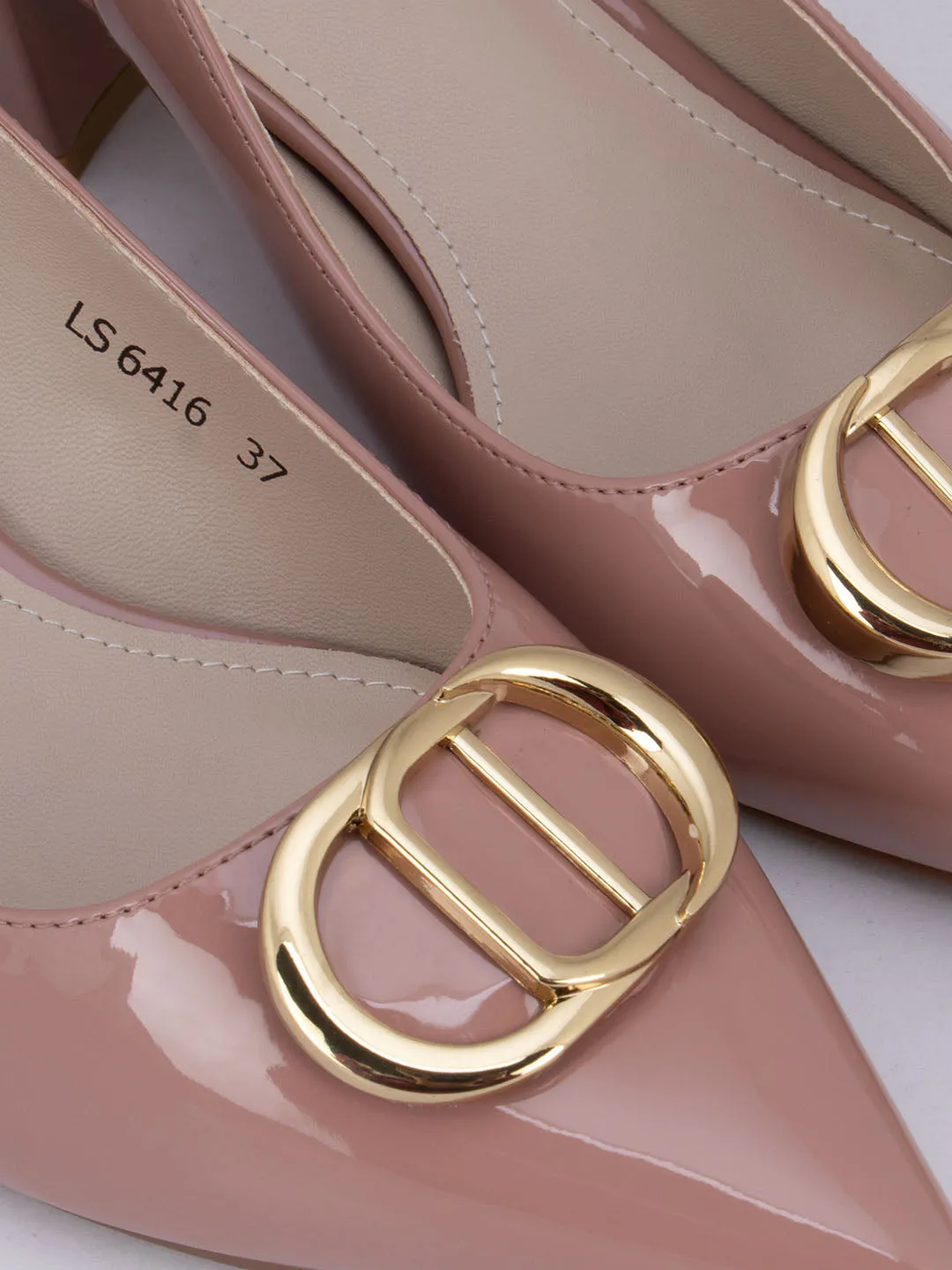 Pink Slingback Pumps With Gold Embellishment