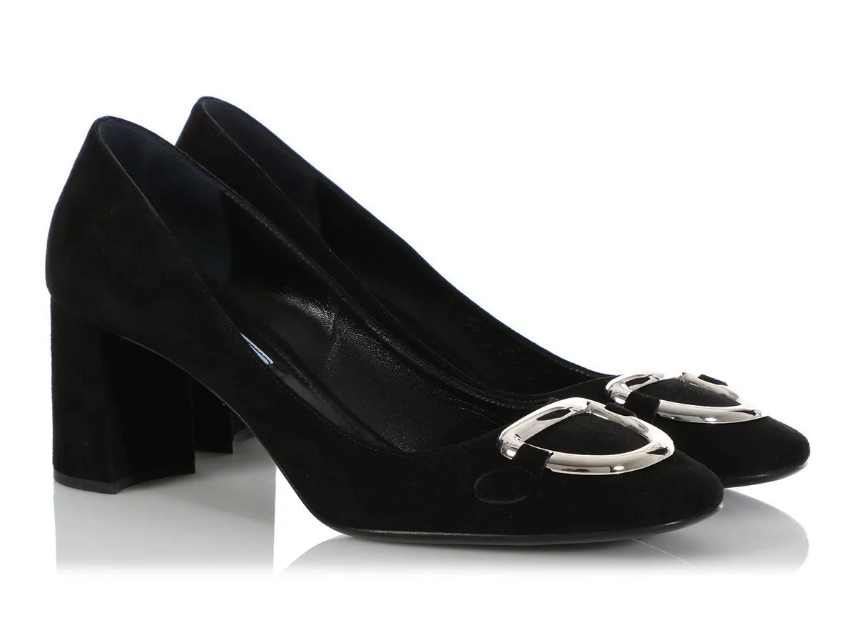 Prada Black Suede Block Heel Pumps