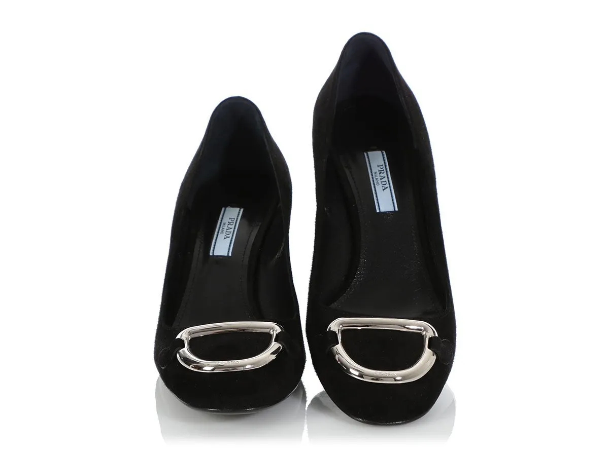 Prada Black Suede Block Heel Pumps