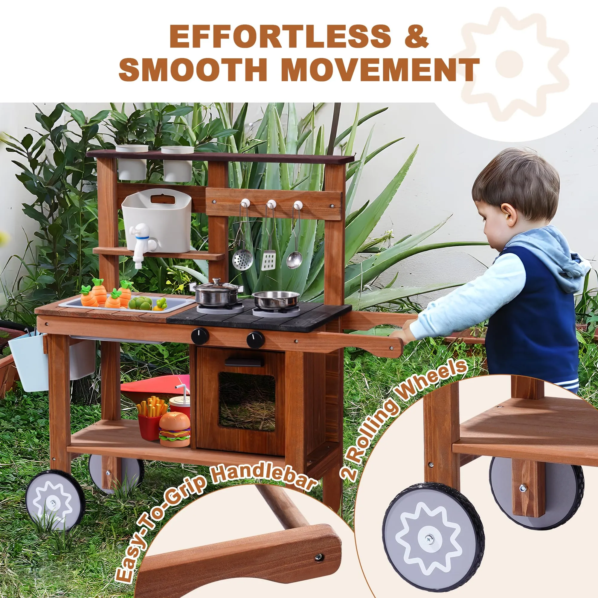 ROBUD Wooden Outdoor Kitchen Playset with Wheels - Mud